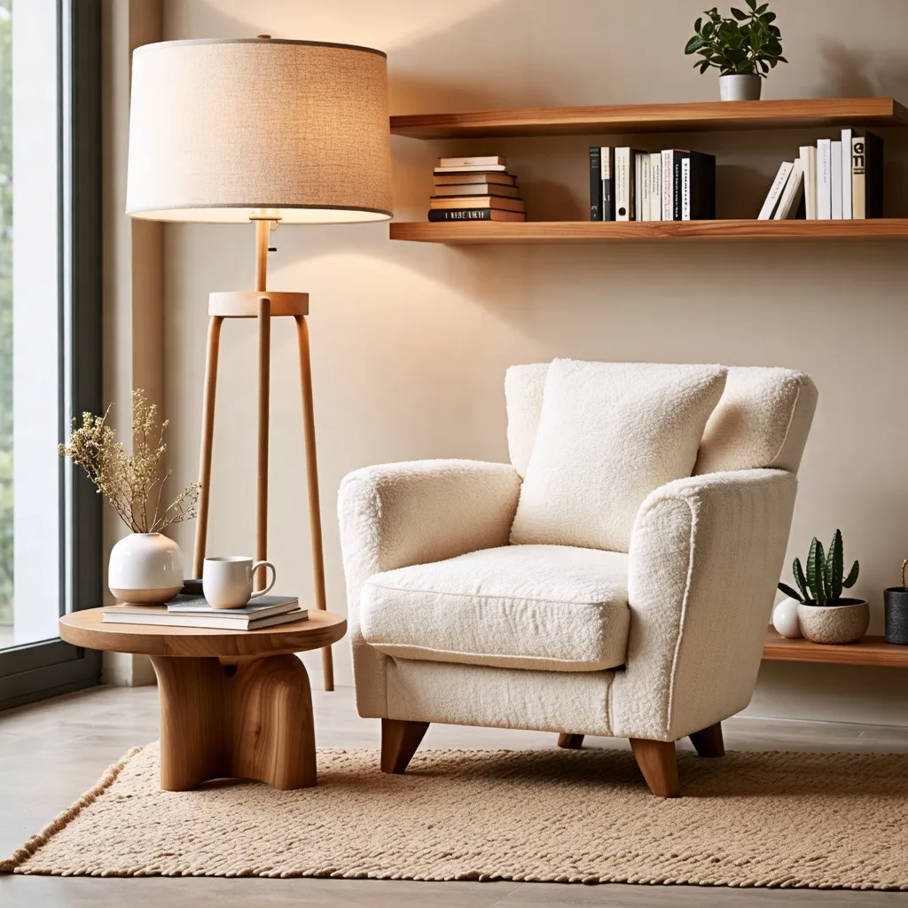 Acogedor rincón de lectura con muebles de madera y textiles cálidos.