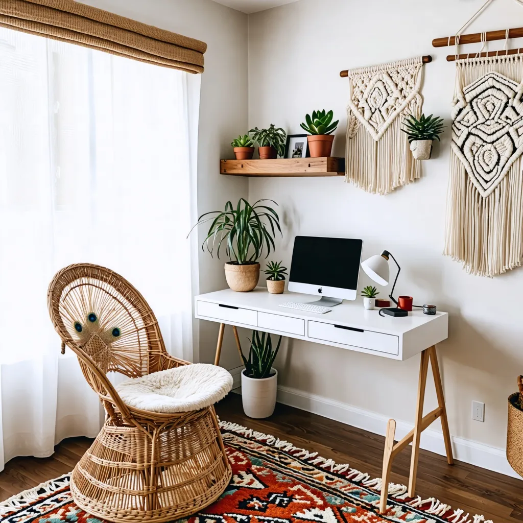 Rincón de trabajo acogedor y bohemio con detalles naturales.