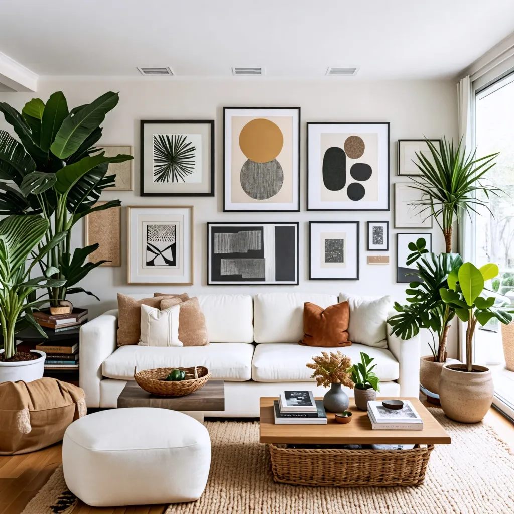 Sala de estar acogedora con decoración minimalista y tropical.