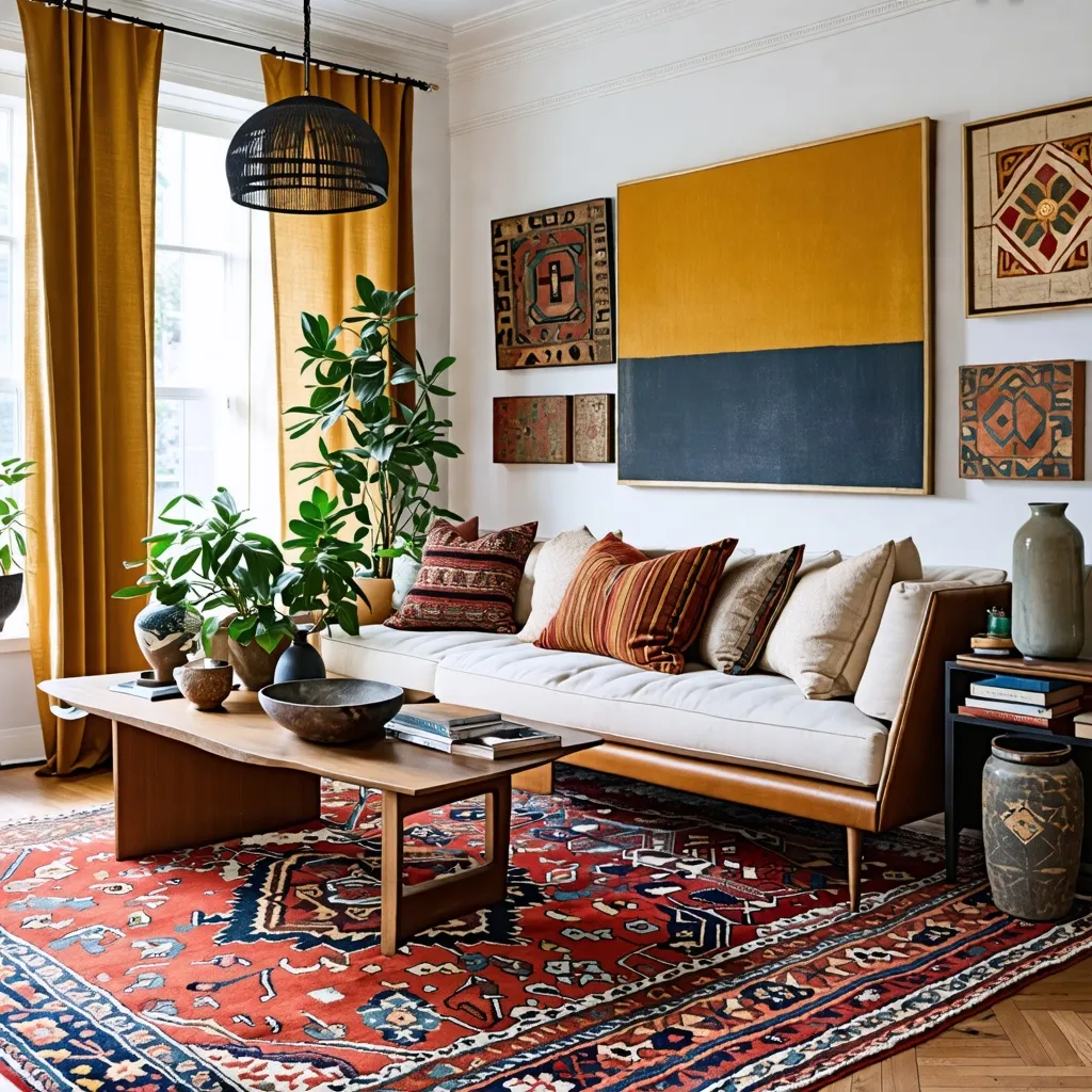 Sala de estar acogedora y elegante con decoración ecléctica.