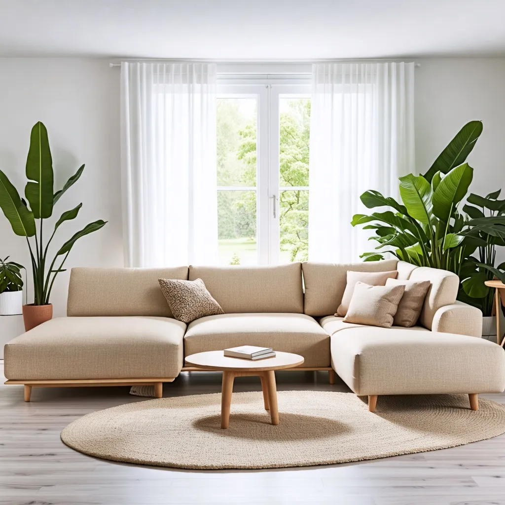 Sala de estar acogedora y natural con plantas y sofá beige.