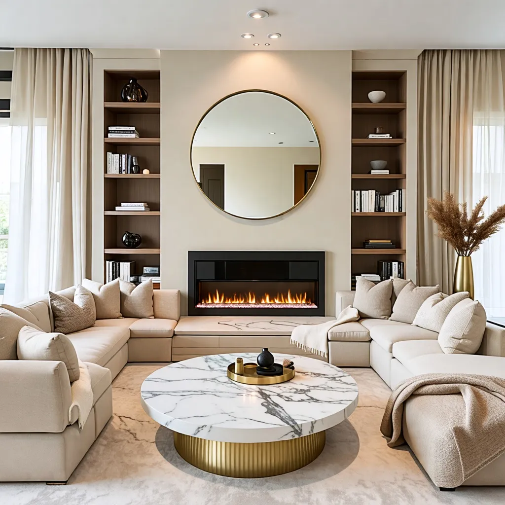 Elegante sala de estar con chimenea y decoración moderna.