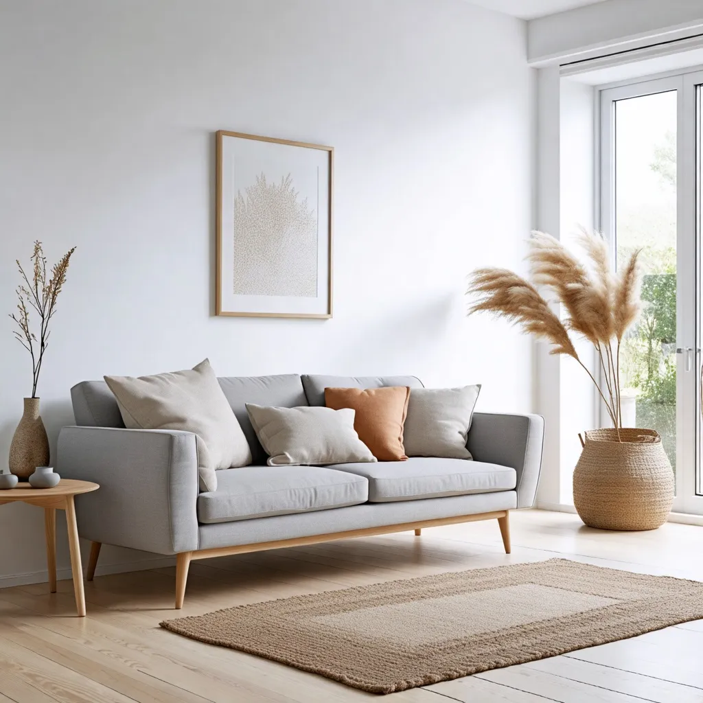 Sala de estar minimalista y acogedora con sofá gris y detalles naturales.