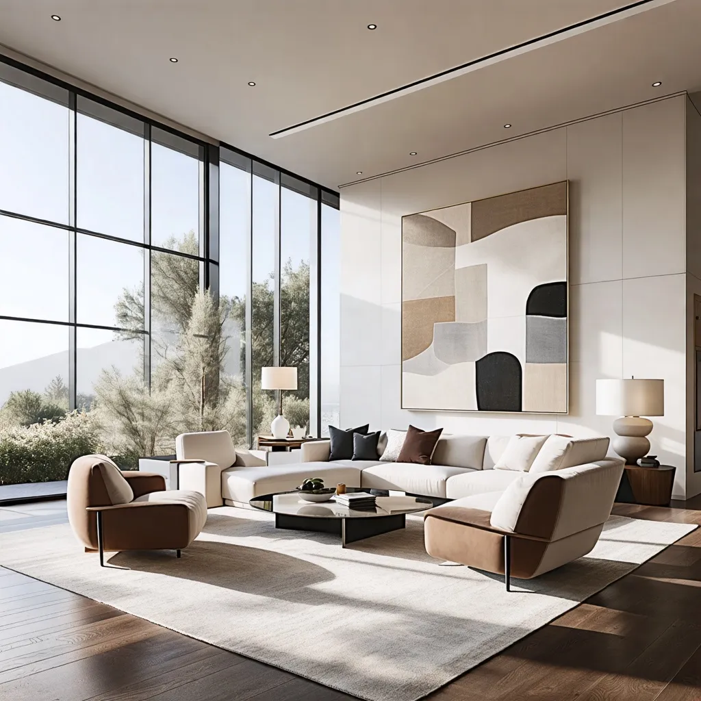 Sala de estar moderna y elegante con vistas panorámicas.