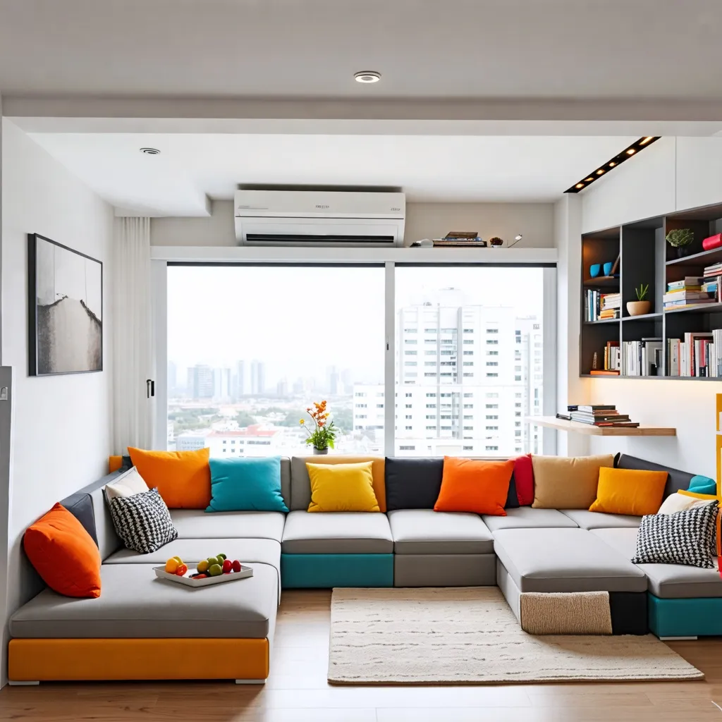 Sala de estar moderna con ventana panorámica y decoración colorida.