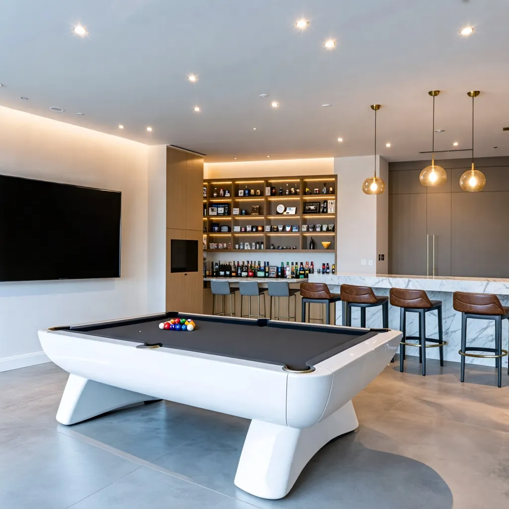 Sala de juegos moderna y elegante con mesa de billar y barra de bar.