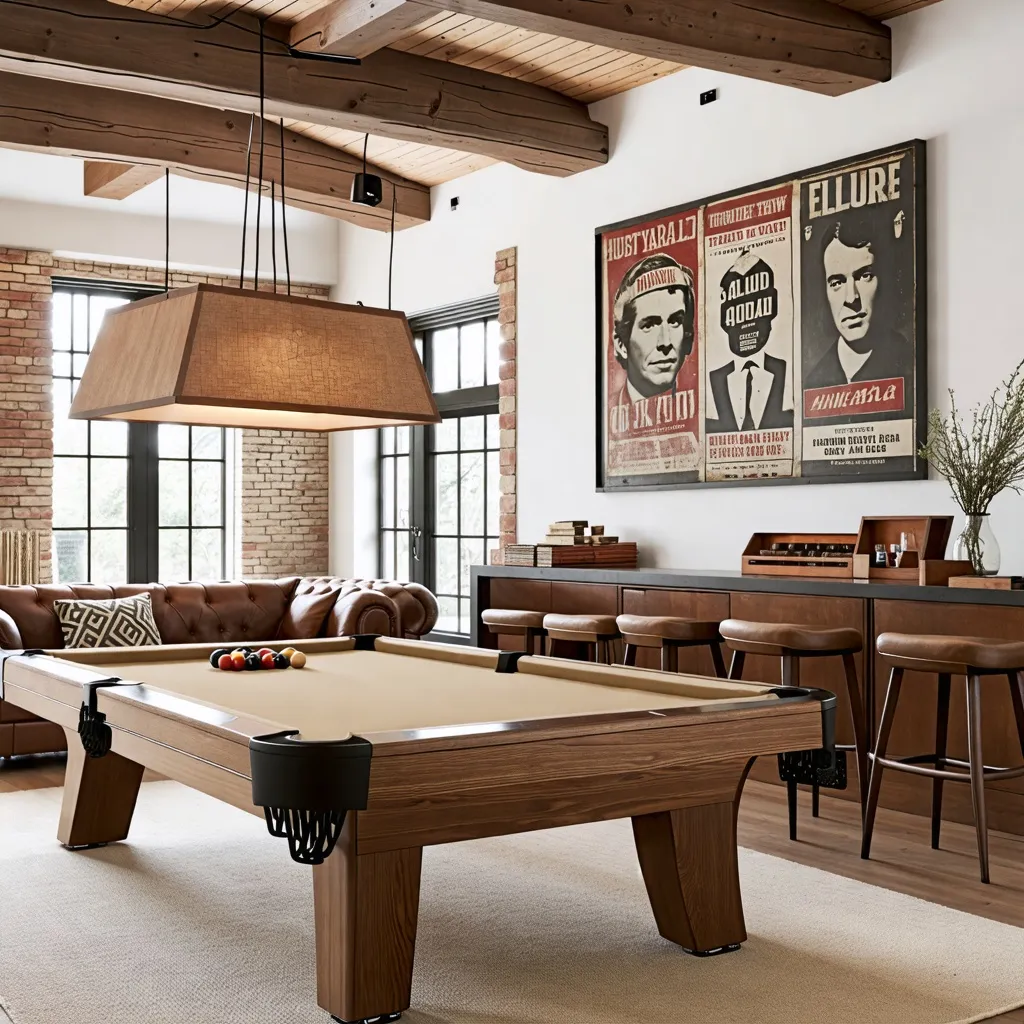 Sala de juegos rústica y acogedora con elementos decorativos retro.