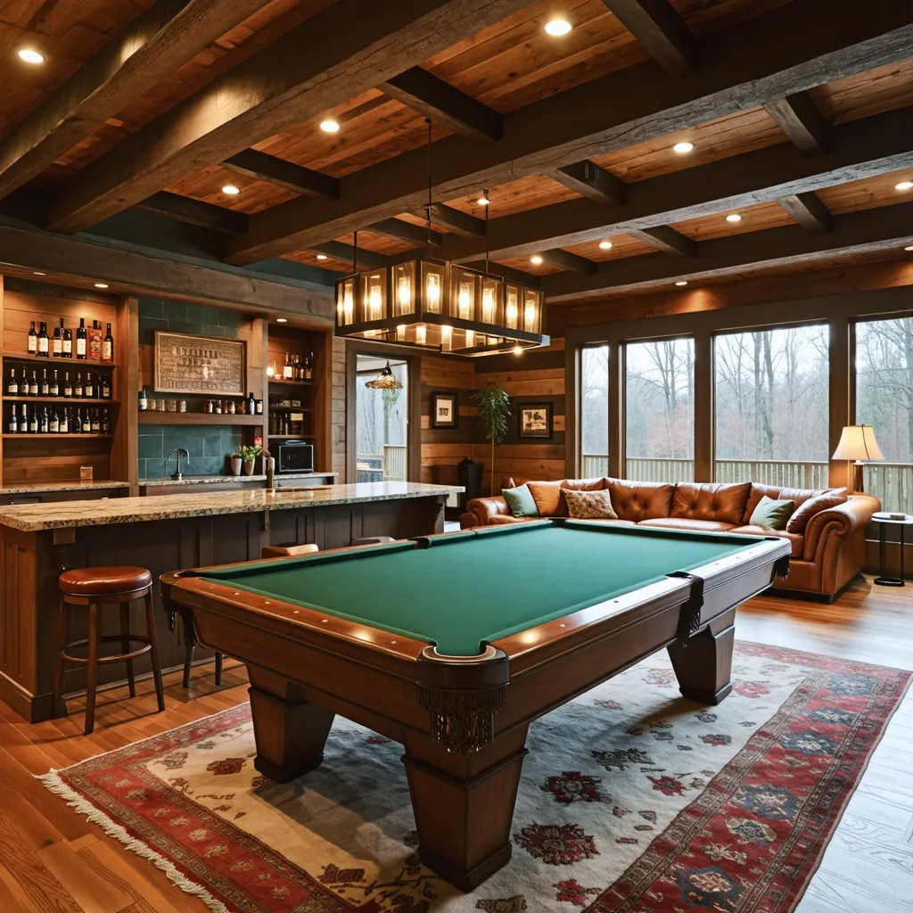 Sala de juegos rústica y acogedora con mesa de billar y bar.