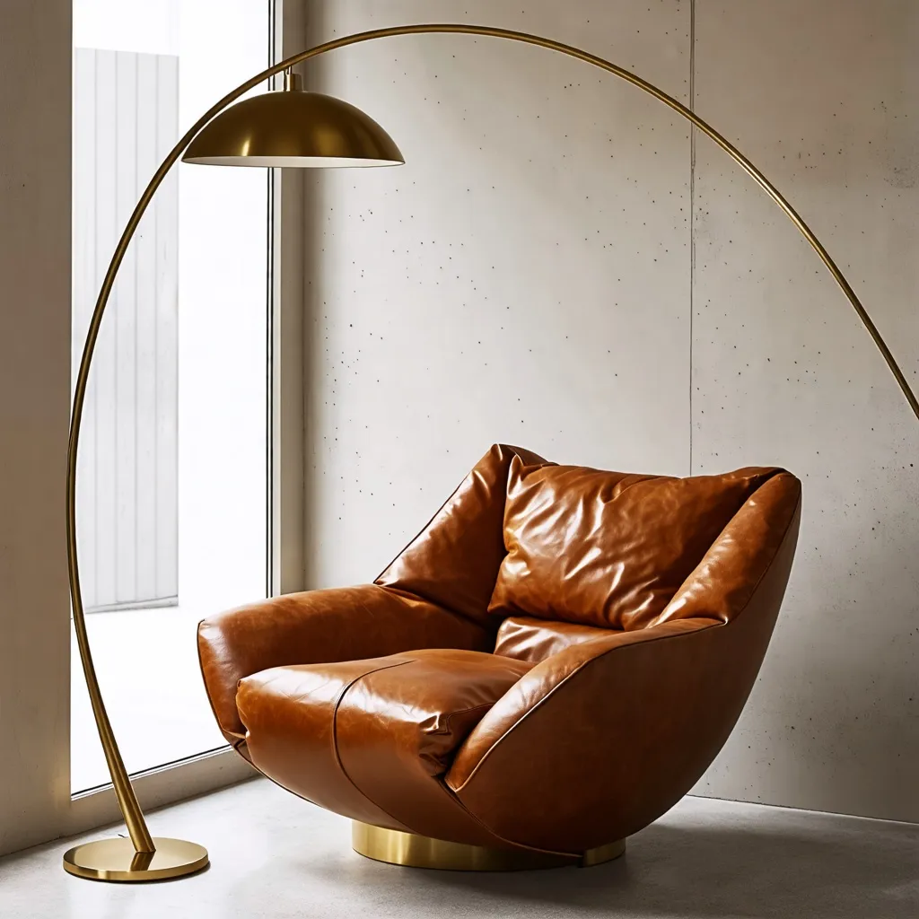 Sillón de cuero marrón en elegante espacio moderno con lámpara de arco dorada.