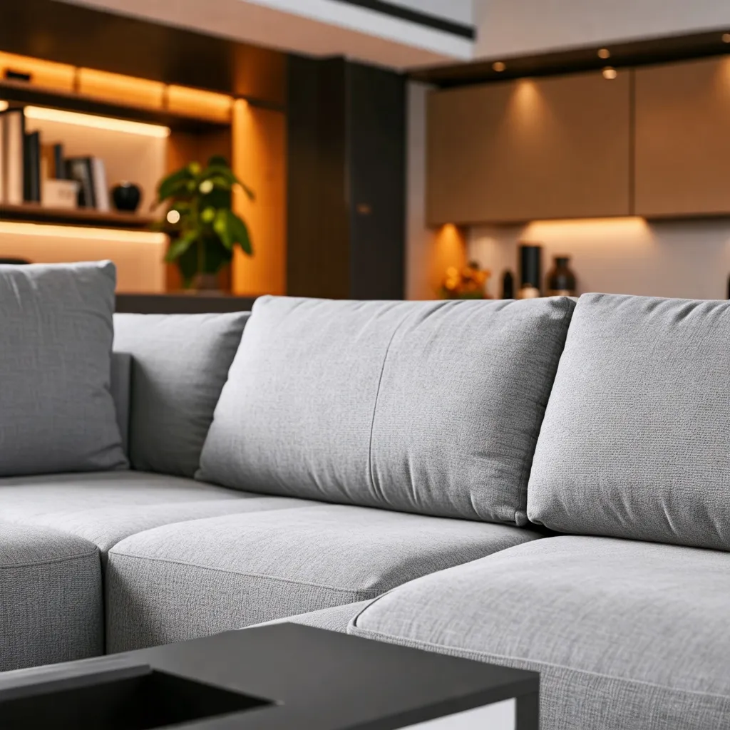 Sofá gris acogedor en sala de estar moderna y cálida.