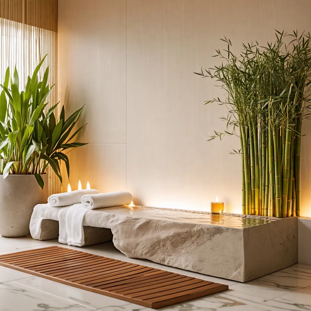 Spa de lujo con bambú y velas encendidas, un oasis de relajación.