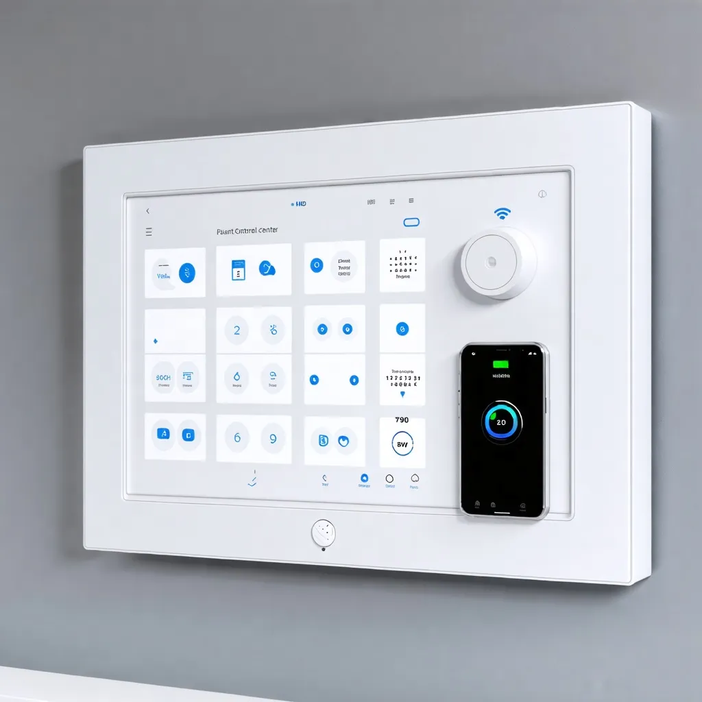 Tablero de control inteligente y smartphone en una pared gris.