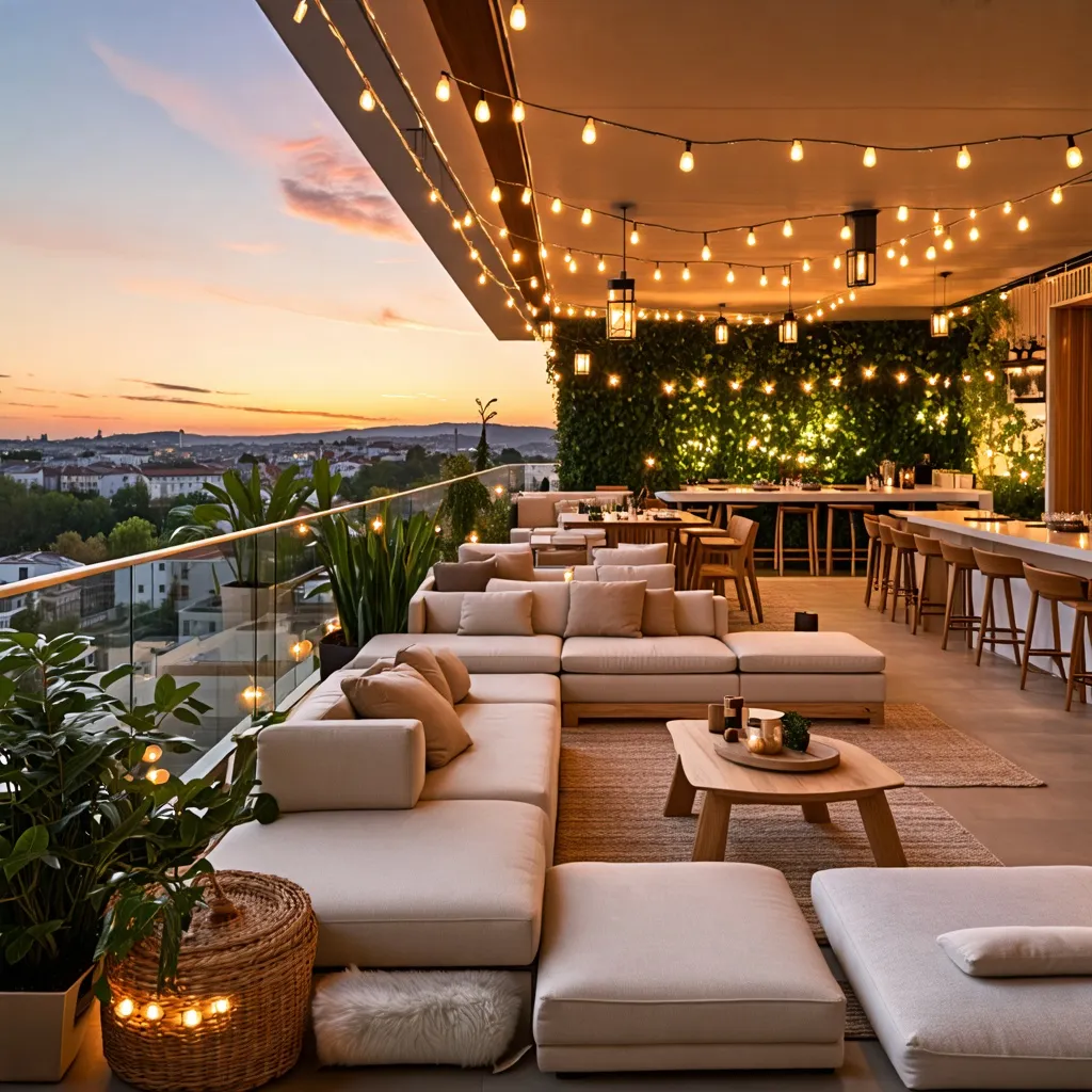 Terraza iluminada con luces cálidas y una vista panorámica al atardecer.