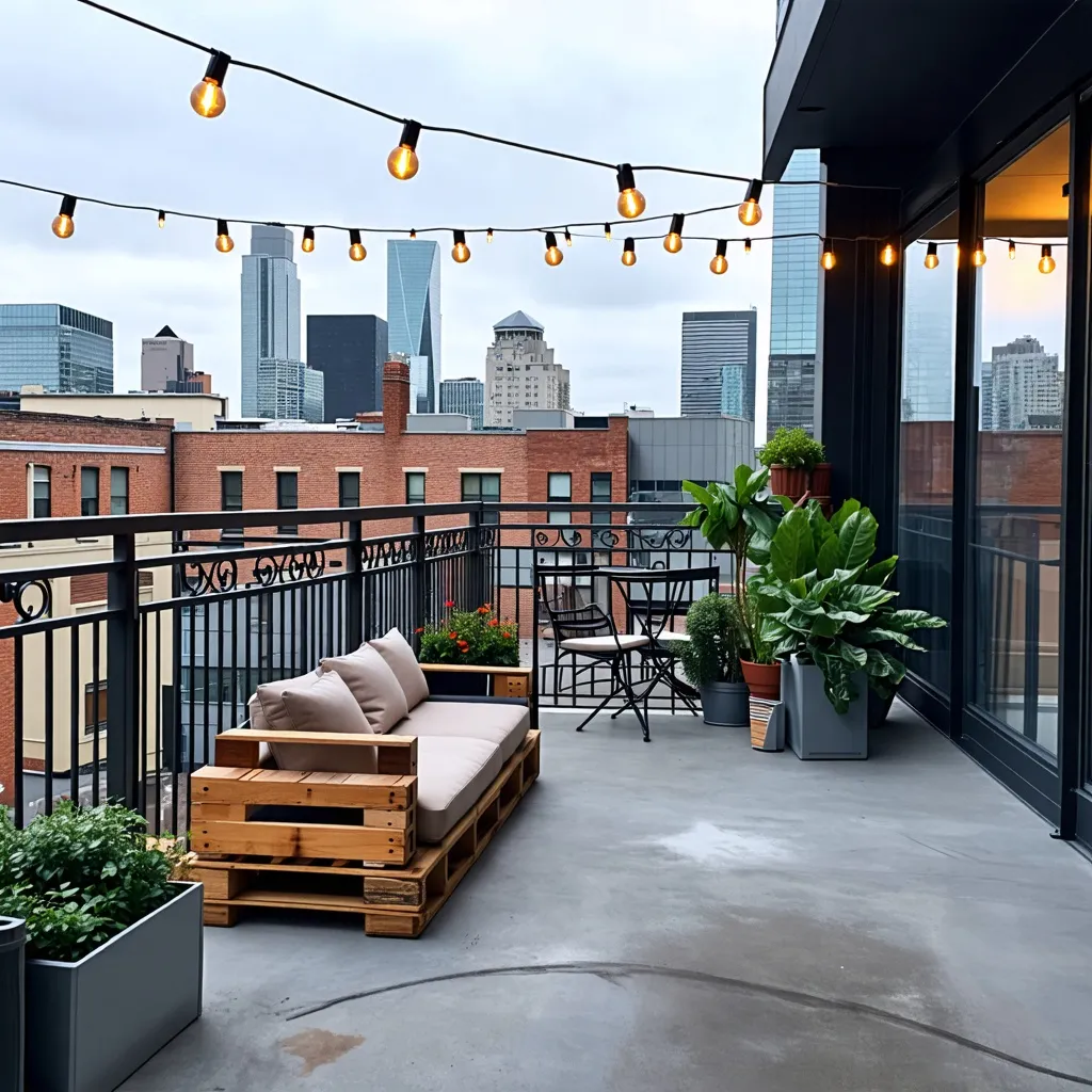 Terraza urbana con vistas a la ciudad, iluminada por luces cálidas.