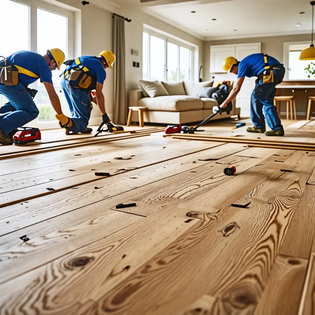 Trabajadores instalando pisos de madera en una sala de estar.