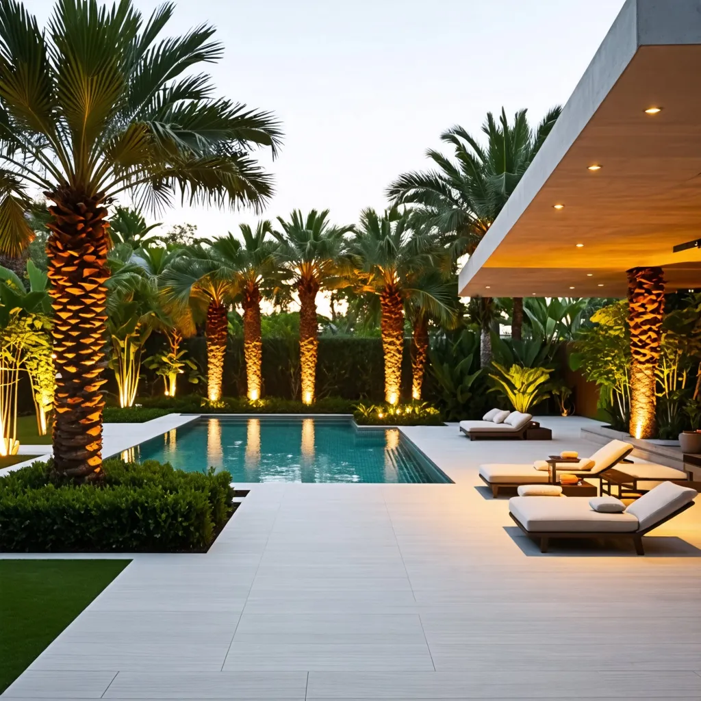 Oasis tropical en la ciudad: piscina, palmeras y lujo al atardecer.