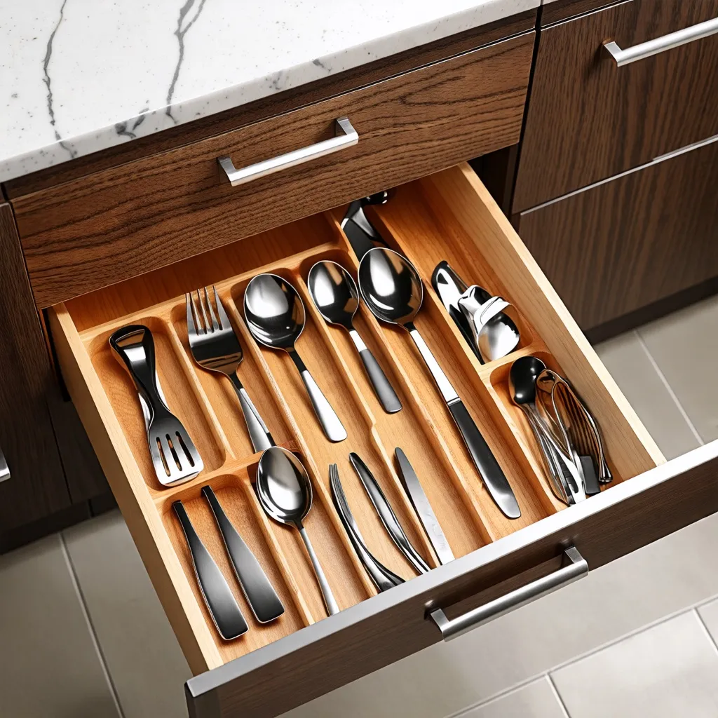 Utensilios de cocina organizados en cajón de madera elegante.