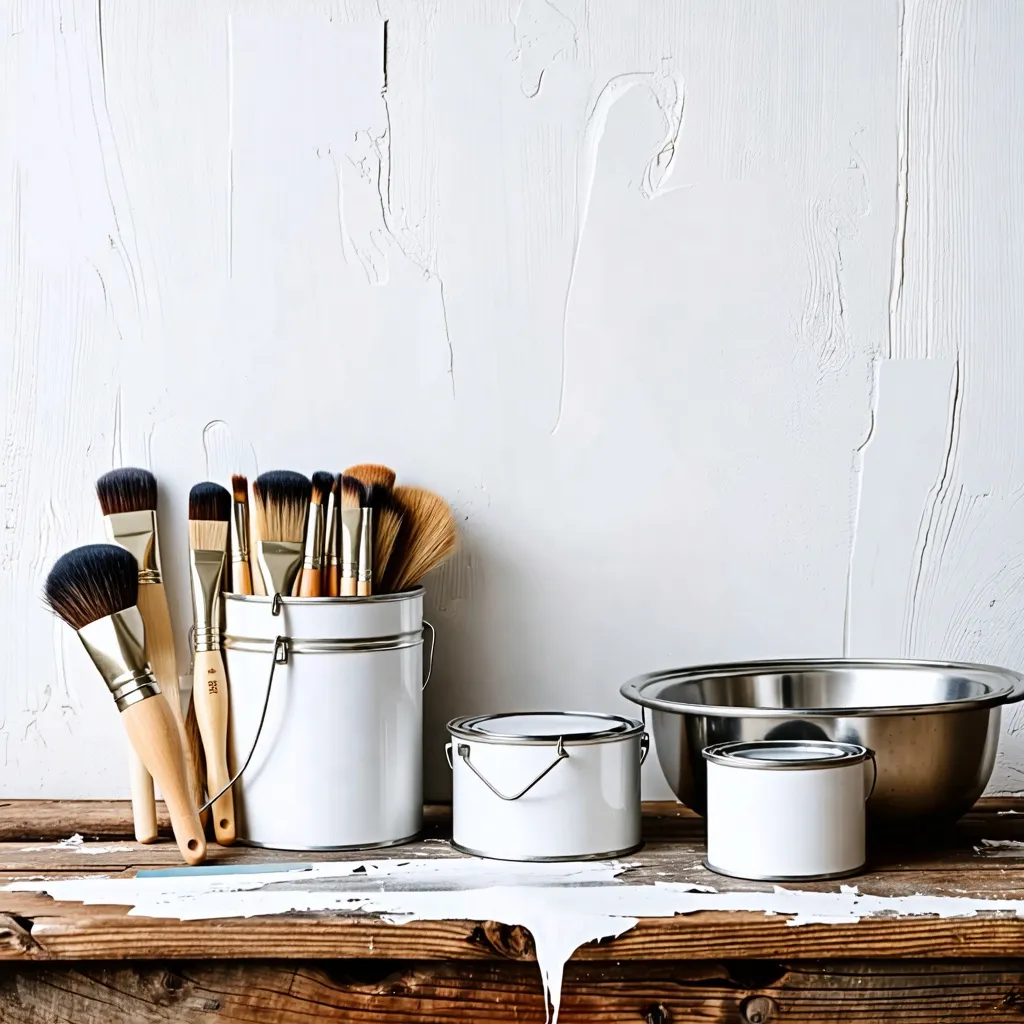 Utensilios de pintura y cocina sobre mesa de madera rústica.