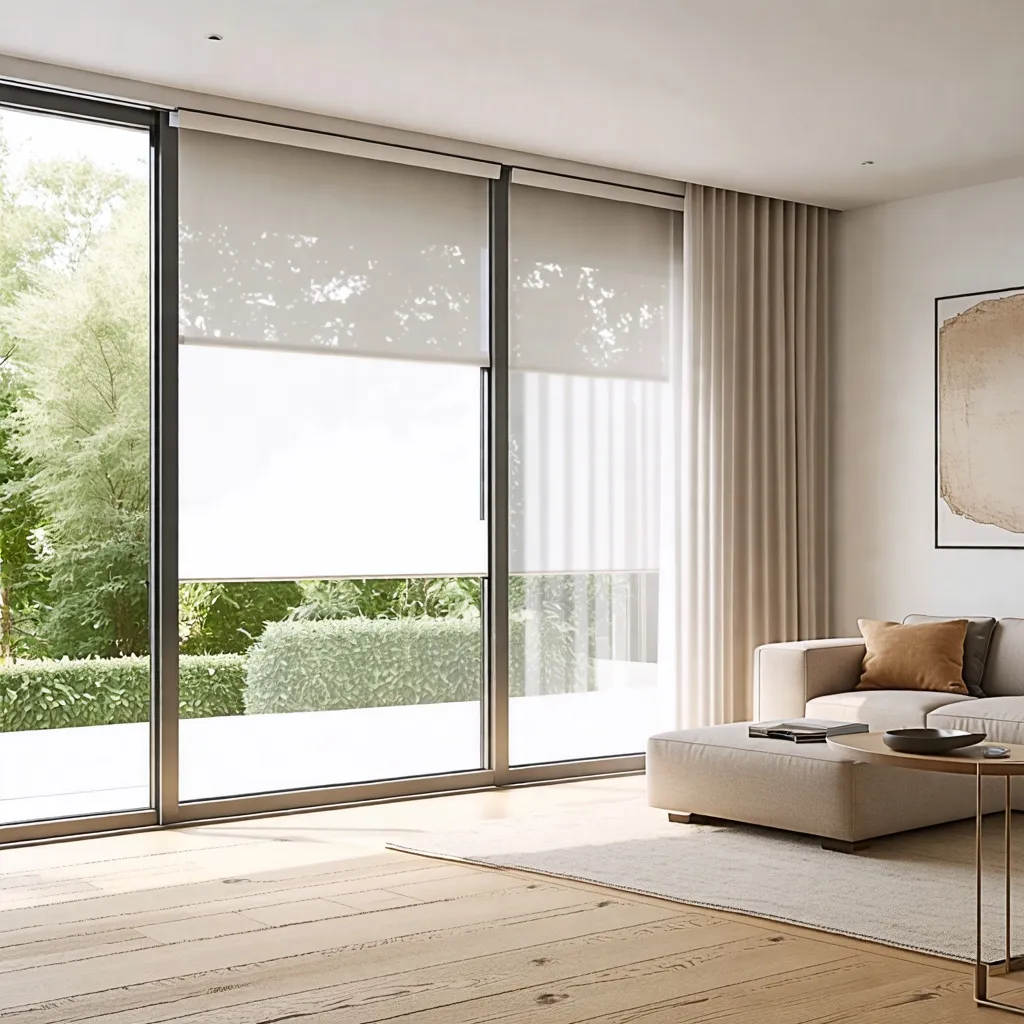 Ventana amplia con cortinas y vista al jardín en sala de estar.